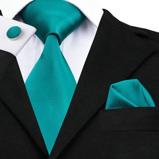 Cadet Blue Novelty Pattern Silk Necktie Pocket Square Cufflinks Set