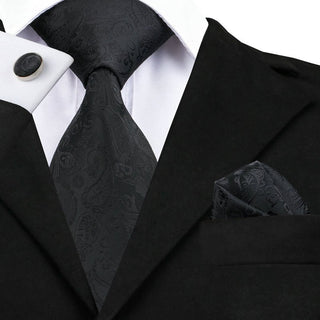 Black Novelty Pattern Silk Necktie Pocket Square Cufflinks Set