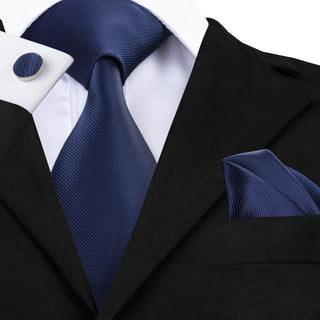 Midnight Blue Solid Silk Necktie Pocket Square Cufflinks Set