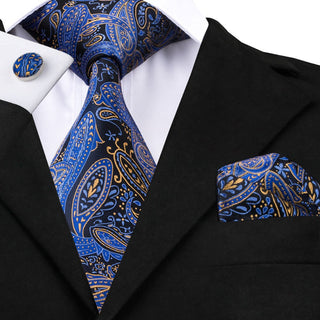 Paisley Blue Necktie Pocket Square Cufflinks Set