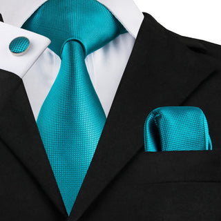 Plain Blue Novelty Pattern Silk Necktie Pocket Square Cufflinks Set