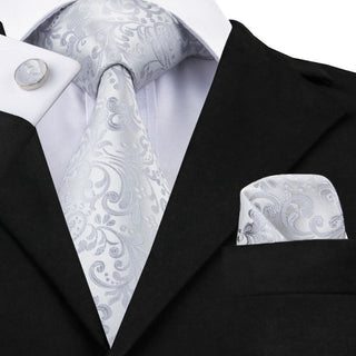 Grey Floral Silk Necktie Pocket Square Cufflinks Set