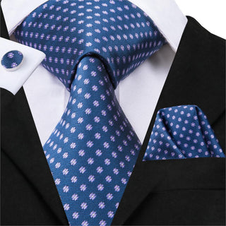 Luxury Blue Floral Dot Silk Necktie Pocket Square Cufflinks Set