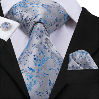 Silver Grey Blue Floral Silk Necktie Pocket Square Cufflinks Set