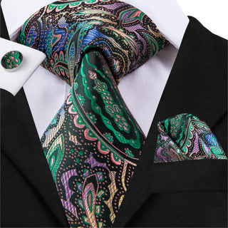 Paisley Famous Brand Silk Necktie Pocket Square Cufflinks Set