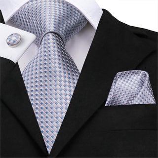 Grey Blue Novelty Pattern Silk Necktie Pocket Square Cufflinks Set