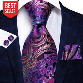 Purple Blue Paisley Silk Necktie Pocket Square Cufflinks Set + Neckties