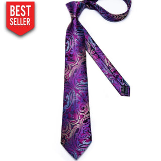 Purple Blue Paisley Silk Necktie Pocket Square Cufflinks Set Neckties