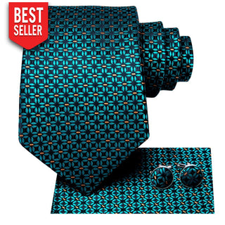 Teal Blue Black Dot Silk Necktie Pocket Square Cufflinks Set Neckties