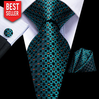 Teal Blue Black Dot Silk Necktie Pocket Square Cufflinks Set + Neckties