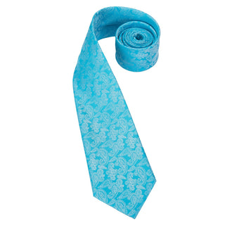 Turquoise Blue Silver Paisley Silk Necktie Pocket Square Cufflinks Set