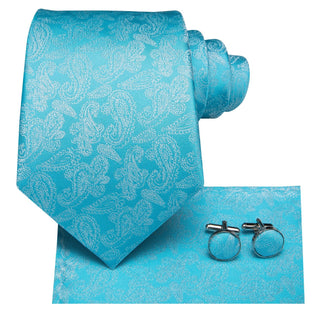 Turquoise Blue Silver Paisley Silk Necktie Pocket Square Cufflinks Set