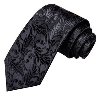 Dark Black Paisley Silk Necktie Pocket Square Cufflinks Set