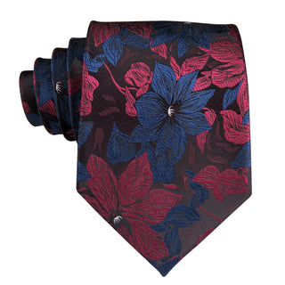 Red Blue Floral Paisley Silk Necktie Pocket Square Cufflinks Set
