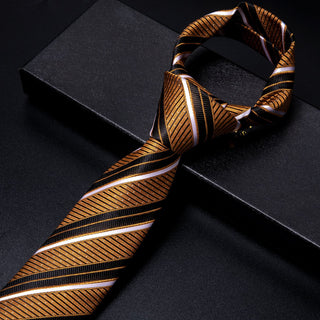Gold Black Striped Silk Necktie Pocket Square Cufflinks Set