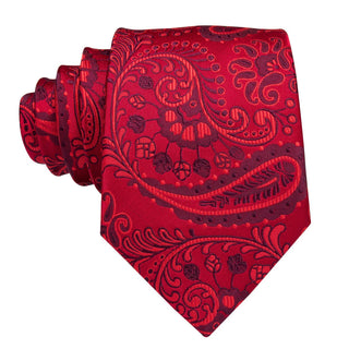Red Burgundy Paisley Silk Necktie Pocket Square Cufflinks Set