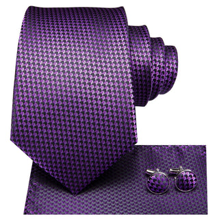 Plaid Purple Silk Necktie Pocket Square Cufflinks Set