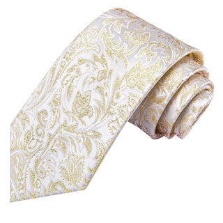 White Gold Paisley Silk Necktie Pocket Square Cufflinks Set