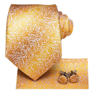 Golden Yellow Paisley Novelty Silk Necktie Pocket Square Cufflinks Set